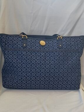 Tommy Hilfiger Navy Patterned Logo Tote with Gold Hardware
